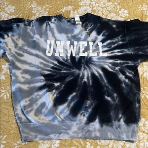 Tie-Dye UNWELL Crewneck Sweatshirt. Blue, gray & white. CALL HER DADDY. Medium